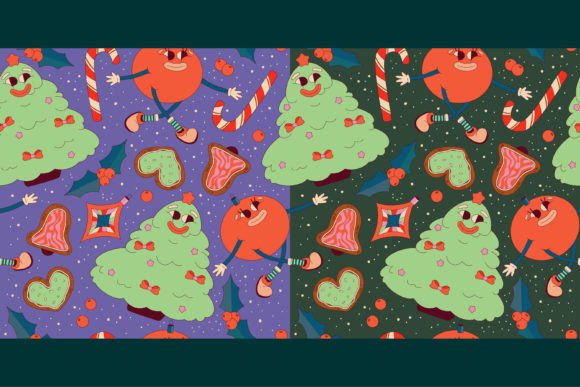 2 Retro Christmas Seamless Pattern: Festive Illustrations