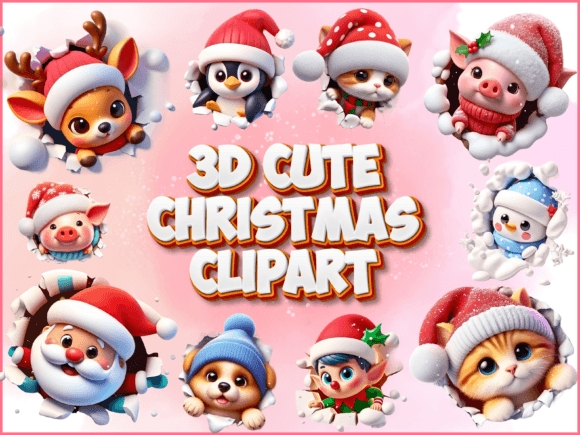 3D Cute Peeking Christmas Clipart & Illustrations