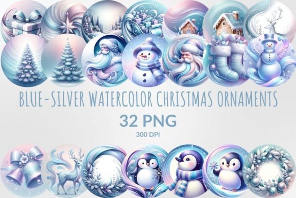Blue-silver Christmas Ornaments Clipart: Premium Illustrations