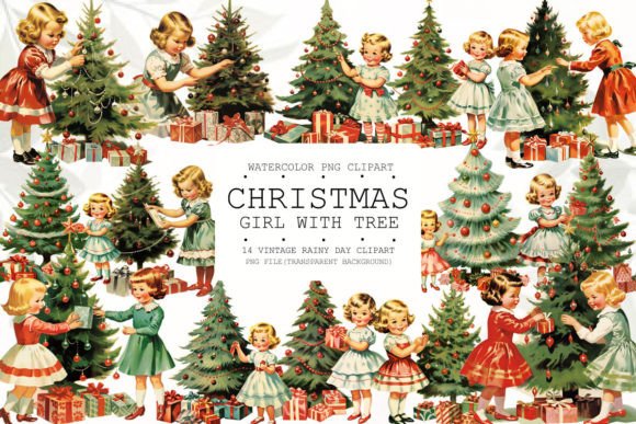 Christmas Little Girl with Tree Clipart: Cute Illustrations