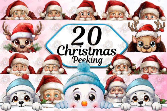 Funny Christmas Peeking Clipart PNG Set: Festive Illustrations