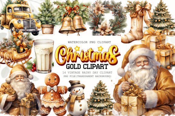 Gold Christmas Watercolor Clipart Bundle: Festive Illustrations