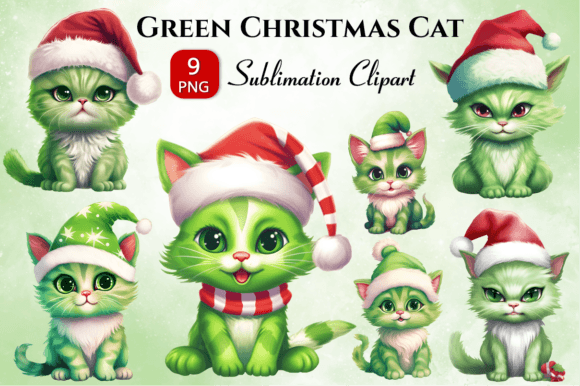 Green Christmas Cat Clipart PNG: Festive Illustrations