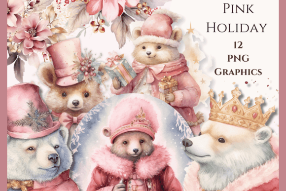Pastel Pink Christmas Shabby Bears Illustrations