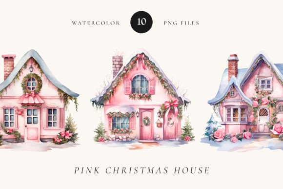 Pink Christmas House Watercolor Illustrations Review
