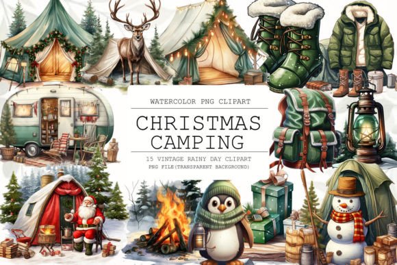 Watercolor Christmas Camping Clipart: Cozy Illustrations