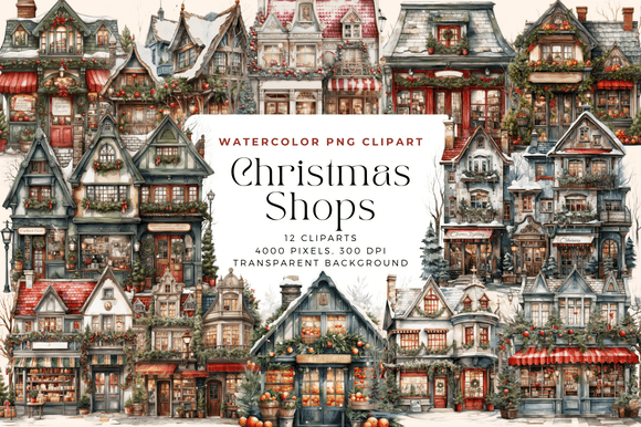 Watercolor Christmas Shops Clipart: Festive Illustrations