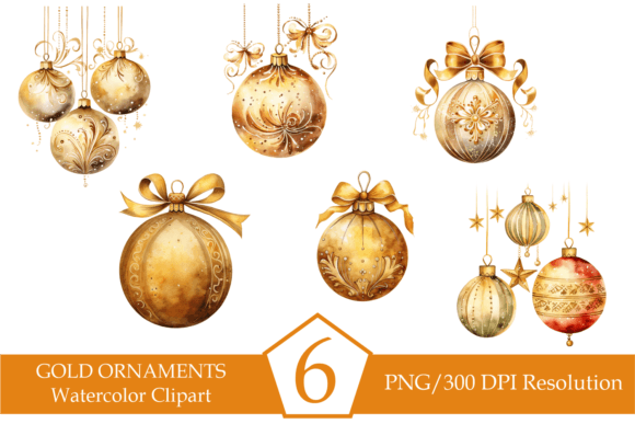 Watercolor Gold Christmas Ornaments: Premium Illustrations